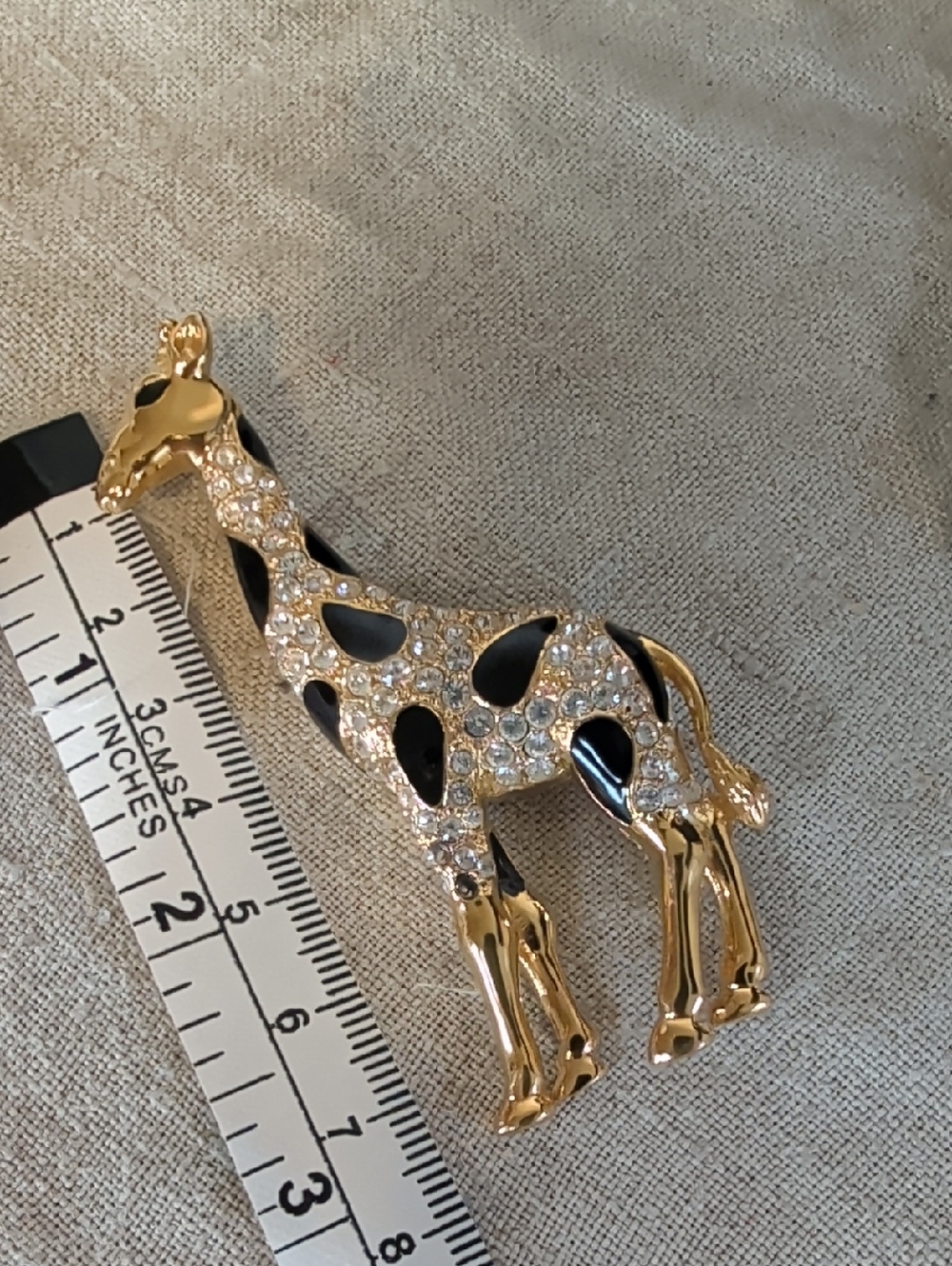 Vintage Giraffe Rhinestone Brooch Gold Tone Black Enamel Safari Glam - Picture 7 of 8